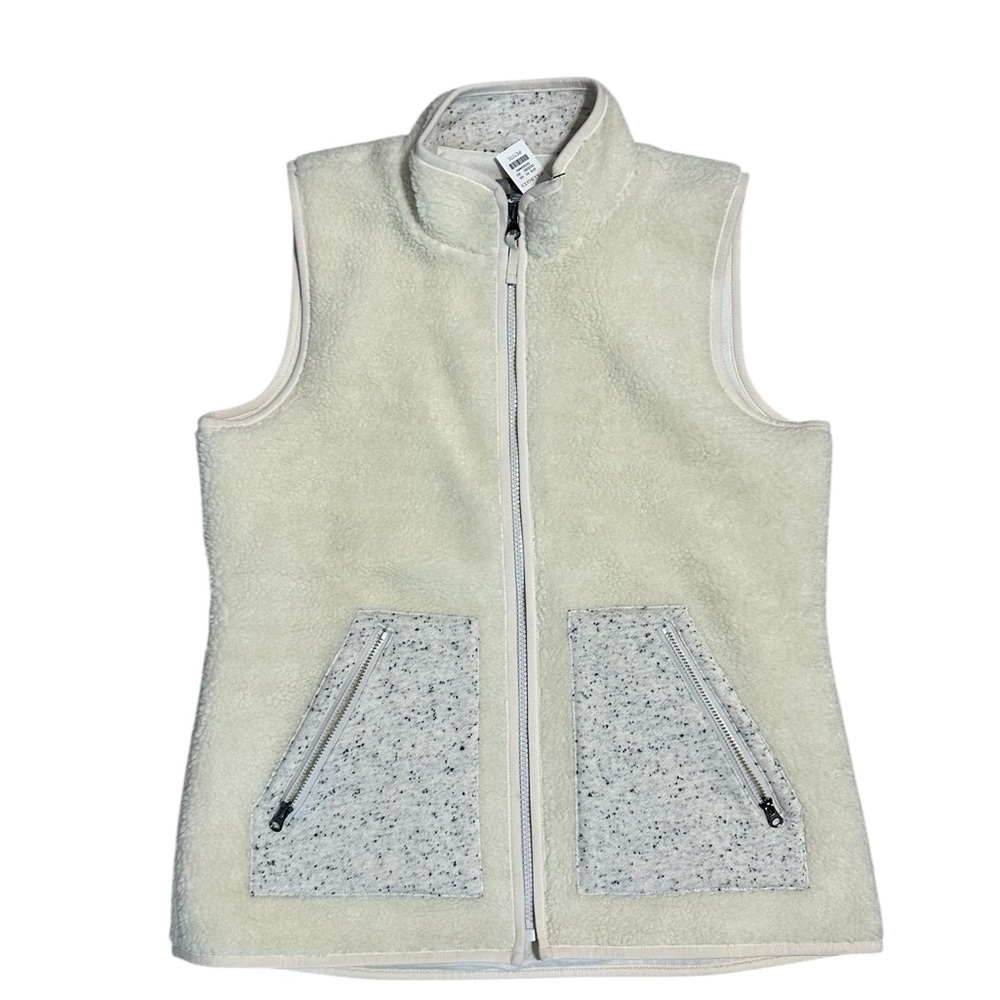 T By Talbots SP Ivory Faux Sherpa Full Zip Fleece Vest w/ Sweater Knit Pockets